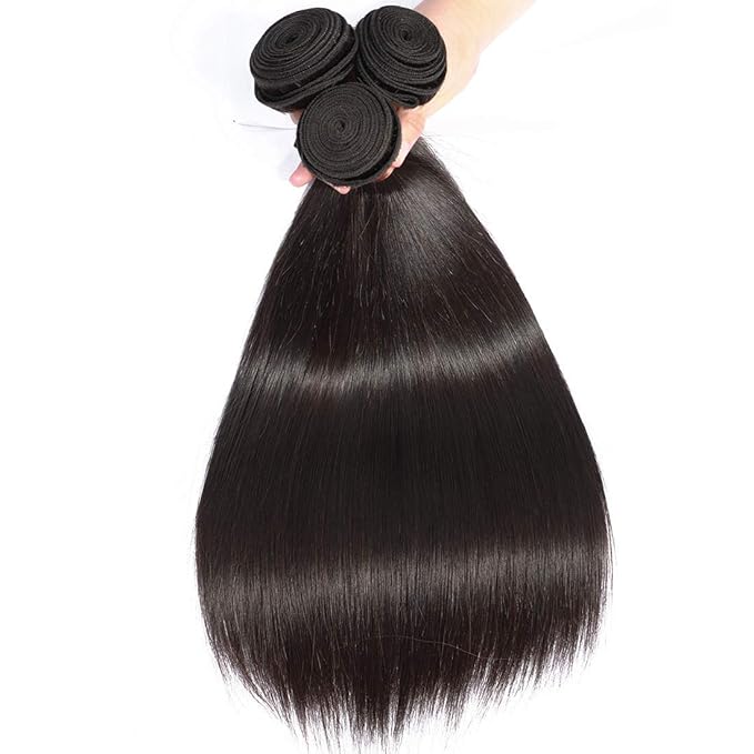 Brazilian Straight Hair 3 Bundles with 4x4 Lace Closure Free Part Double Weft 100% Unprocessed Virgin Remy Straight Human Hair Bundles with Closure for Black Women (12 14 16+12'' Closure)…