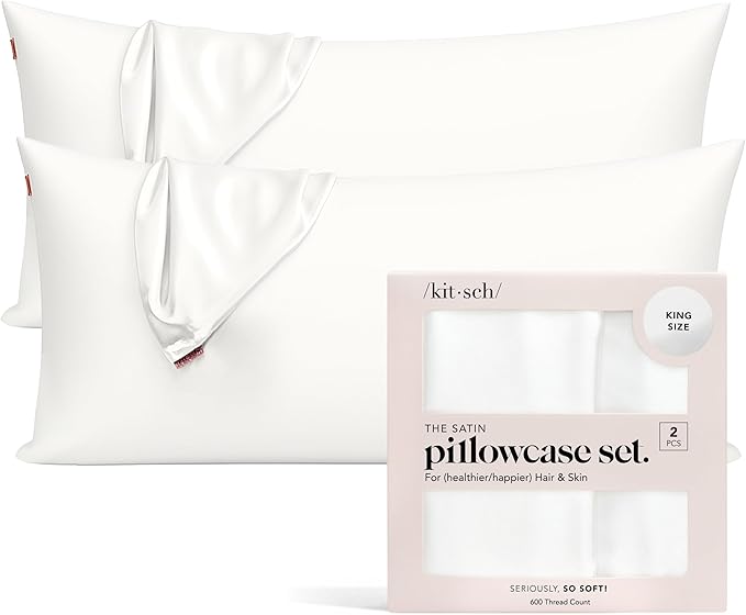 Kitsch Satin Pillowcase with Zipper for Hair & Skin, Softer Than Silk Pillow Cases Queen, Wrinkle-Free, Smooth and Cooling Satin Pillow Covers, King Size 19"x36" - Ivory, 2pcs