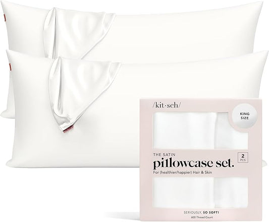 Kitsch Satin Pillowcase with Zipper for Hair & Skin, Softer Than Silk Pillow Cases Queen, Wrinkle-Free, Smooth and Cooling Satin Pillow Covers, King Size 19"x36" - Ivory, 2pcs