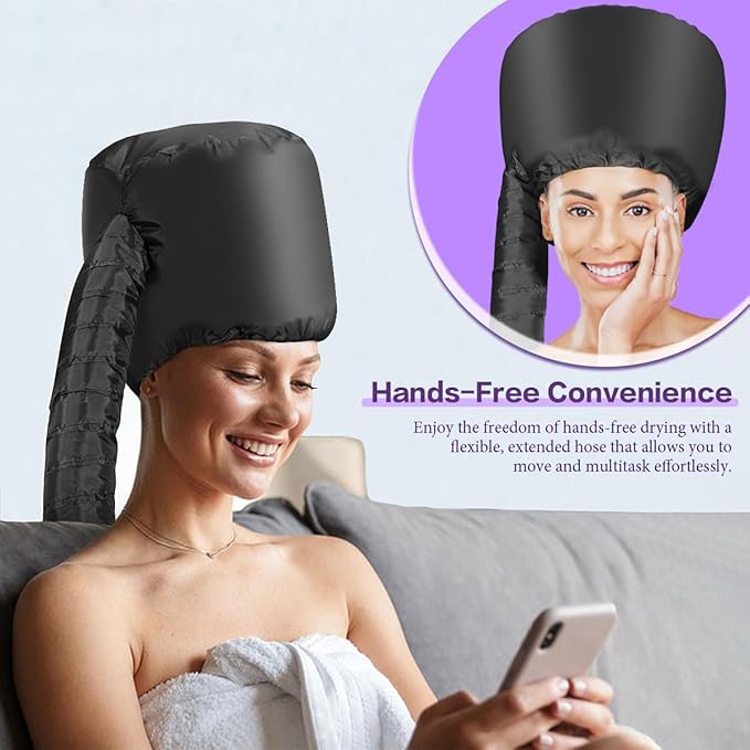 Hooded Hair Dryer Bonnet - Fast-Drying Bonnet Hair Dryer for Natural Hair, Deep Conditioning, Styling, & Curl Enhancing - Adjustable Fit, Heat Distribution, Portable & Lightweight for Travel（Black）