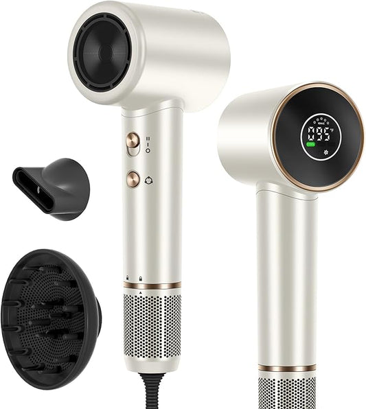 Hair Dryer, PARWIN PRO BEAUTY Fast Drying Blow Dryer with Diffuser, 110,000 RPM High Speed Hair Dryer with Display, 200 Million Negative Ions for Frizz Smoothing, 2 Speeds & 3 Temps, Champagne Silver