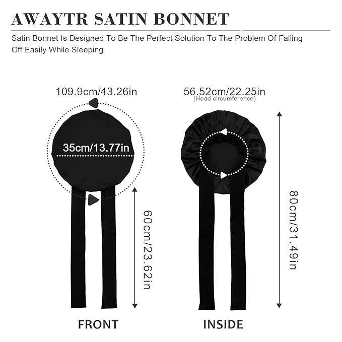 Satin Hair Bonnet Wide Band - Silk Like Sleeping Bonnets for Curly Hair Hair Wrap for Night Cap with Tie Band Breathable Satin Bonnet for Women and Girls (Black)