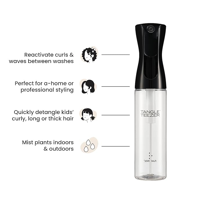 TANGLE TEEZER Fine Mist Continuous Spray Bottle, Reusable and Refillable, for Hair Detangling and Styling, 10.1 oz, Black
