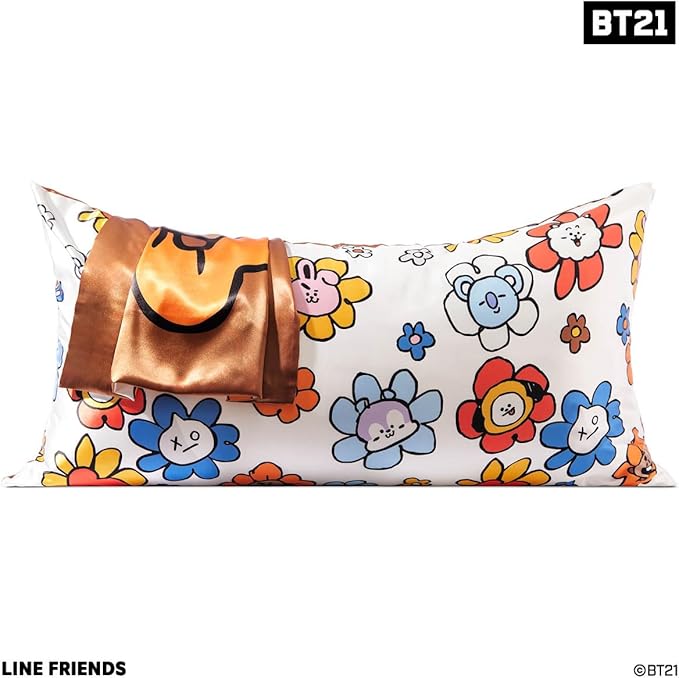 Kitsch x BT21 Satin Pillowcase with Zipper – Better Than Silk Pillowcase, Shooky Character & Funky Floral Print – Soft Cooling Toddler Bed Time Pillow Case for Hair & Skin – King Size 19x36