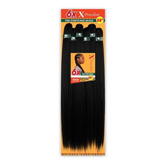 Sensationnel X-pression prestretched braiding hair - 6x braid 58 inch all kanekalon flame retardant synthetic braid for box braids and twists (1 JETBLACK)