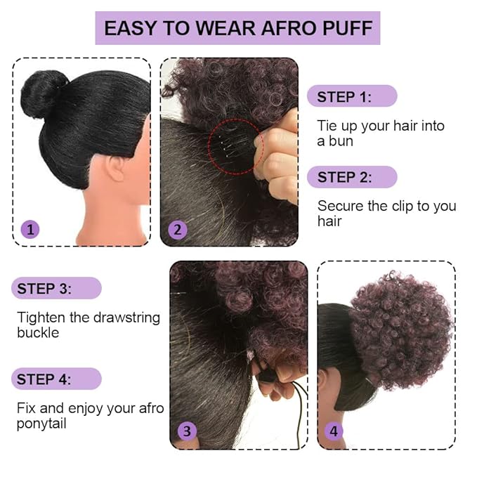 YEAME Afro Puff Drawstring Ponytail for Black Women, Short Kinky Curly Afro Ponytail Synthetic Hair Puffs, Premium Ombre Burgundy Afro Bun Drawstring Ponytail for Women Girls (1T99J Ombre Burgundy)