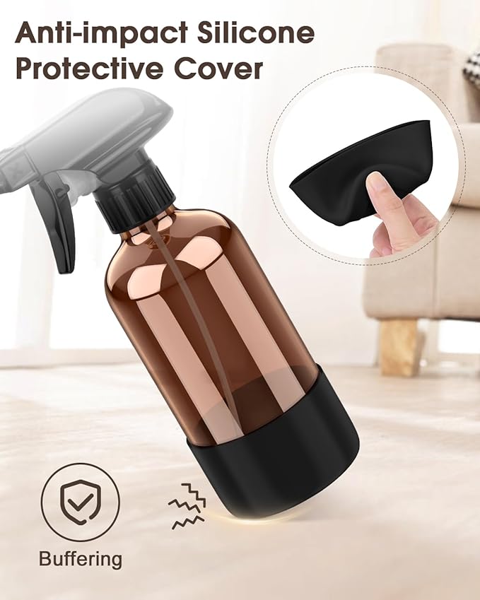 Glass Spray Bottle with Silicone Sleeve Protection, Amber Glass Spray Bottle Set for Window Cleaner Aromatherapy Facial Hydration Watering Flowers Hair Care 2 Pack/8 oz (Black)