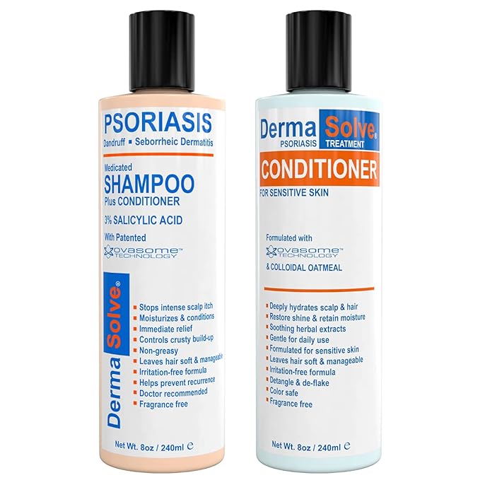 DermaSolve Scalp Psoriasis & Dandruff free Medicated Shampoo with Conditioner, Ultimate Seborrheic Dermatitis Treatment for Itchy, Flakey Scalp, Soothing & Moisturizing Relief