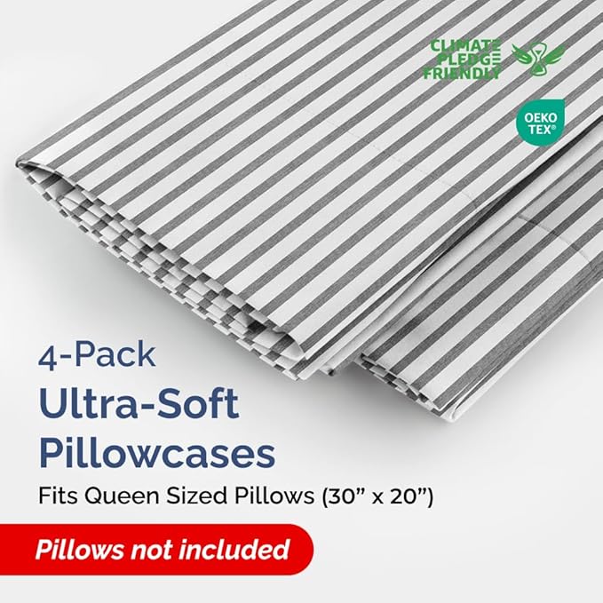 Queen Pillow Cases Set of 4 - Ultra Soft Hotel Quality Pillowcase Covers - Comfy, Cozy & Wrinkle Free - Shrinkage and Fade Resistant - Machine Washable Pillow Protectors - 4 Piece Set - Grey Stripes 2