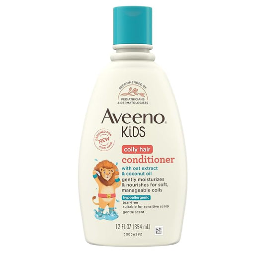 Aveeno Kids Coily Hair Conditioner with Oat Extract & Coconut Oil, Coily Hair Conditioner for Toddlers Detangles & Moisturizes Coils for Healthy-Looking Hair, Hypoallergenic, 12 fl. oz