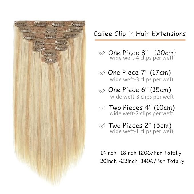 Caliee 22Inch Real Hair Extensions - Clip in Human Hair, Natural Silky Straight, Balayage, Light Golden Brown Mixed Highlight, Platinume 140G 7PCS