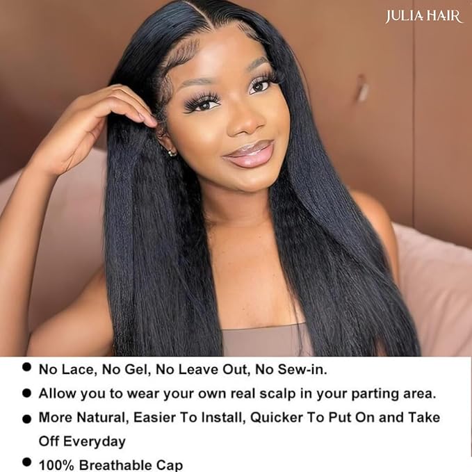 Julia Hair V Part Wig Human Hair Yaki Straight Glueless Wigs for Women 12A Briazilian Remy Hair Upgrade U Part Wig No Glue No Leave Out Beginner Friendly Natural Color 24 Inch Yaki Wig