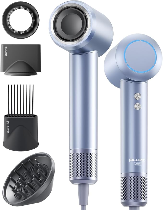Hair Dryer with Comb & Diffuser Attachment for Curly Hair, PLUZZ 200M Negative Ionic Blow Dryer Brush, High-Speed Brushless Motor Hairdryer Fast, Portable Travel Hair Dryers Quiet, Women/Men/Kids