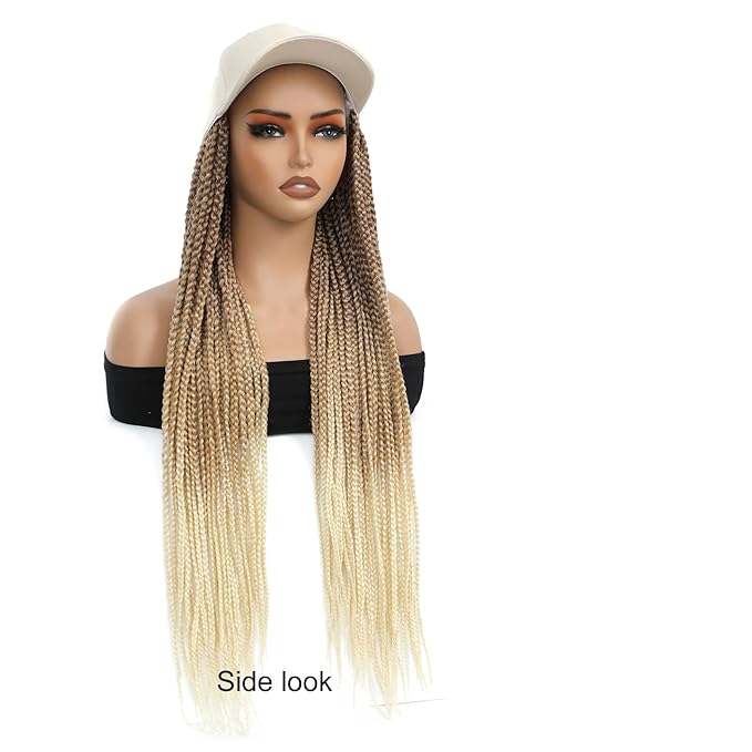 Hat Wig for Women Baseball Cap with Blonde Braided Hair Attached 24inch long Synthetic Box Braid Wig Adjustable Beige Cap with ombre brown blonde light blonde Braids for Daily Outdoor Halloween Use
