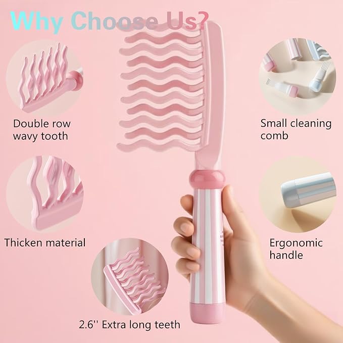 Wide Tooth Comb for Curly, Detangling Comb with Double Row Wavy Tooth and Ergonomic Handle for Long/Thick Dry/Wet Hair for Women/Girl without Straighten the Curl Hair Style (Pink)