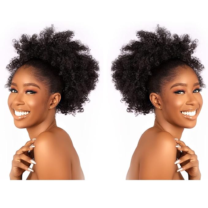 Afro Puff kinky curly Drawstring Ponytail Extension for Black Women Synthetic Short Afro Kinkys Curly Afro Bun Extension Hairpieces Updo Hair Extensions with Two Clips(1#)