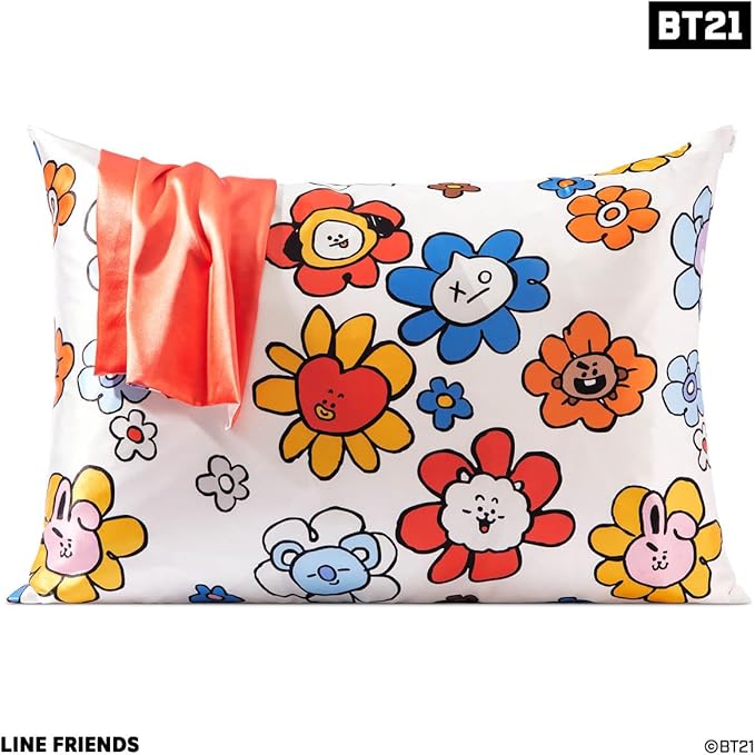 Kitsch x BT21 Satin Pillowcase with Zipper – Better Than Silk Pillowcase, Tata Character & Funky Floral Print – Soft Cooling Toddler Bed Time Pillow Case for Hair & Skin – Queen/Standard 19x26