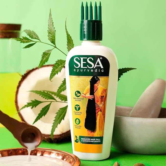 SESA Ayurvedic Hair Oil With Bhringraj & 17 Rare Herbs With Coconut Oil and 4 Nourishing Oil For Hair Growth Help Control Hair Fall & Easy Hair Oil Applicator For Women and Men, 6.76 Fl Oz or 200 ml