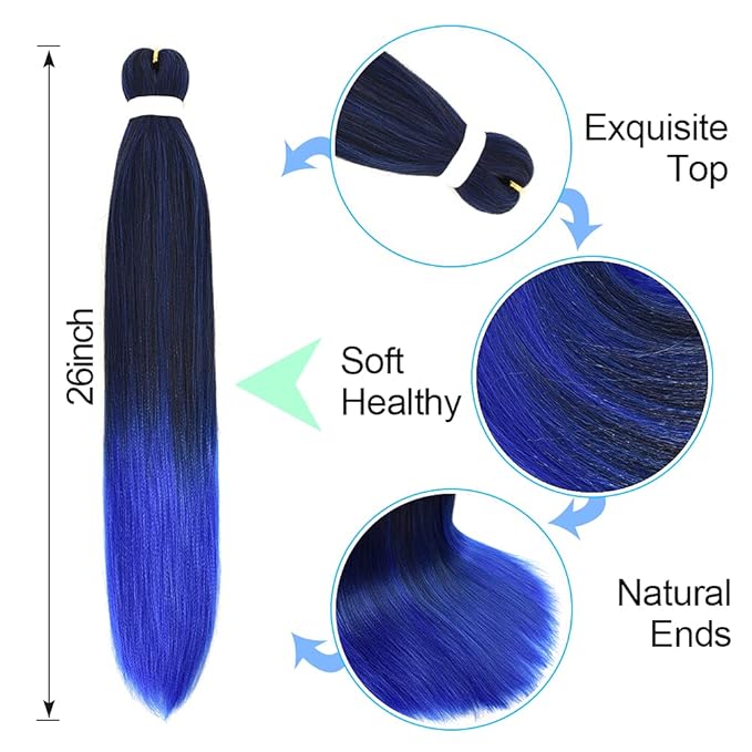 8 Pack Ombre Braiding Hair Pre Stretched - 26" 100G/Pack Premium Pre Stretched Braiding Hair Extensions, Professional Itch Free Hot Water Setting Perm Yaki Texture Prestretched Hair(1B/Blue)