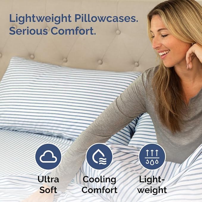 Queen Pillow Cases Set of 4 - Ultra Soft Hotel Quality Pillowcase Covers - Comfy, Cozy & Wrinkle Free - Shrinkage and Fade Resistant - Machine Washable Pillow Protectors - 4 Piece Set - Blue Stripes 2