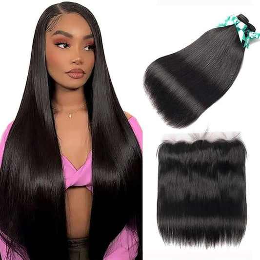 Brazilian Lace Frontal with 3 Bundles Straight Virgin Hair Weave 13x4 Ear to Ear Frontal Lace Closure with Baby Hair 8A Unprocessed Human Hair Extension (22 24 26+20Frontal)