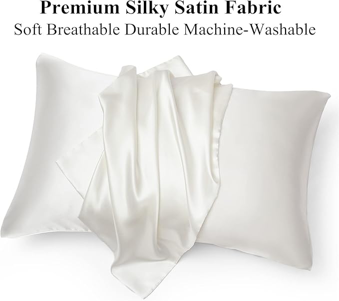 Satin Pillowcase for Hair and Skin, Ivory Silk Pillowcase Queen Size Set of 2 Pack Cooling Satin Pillow Cases with Envelope Closure, Vegan Silk Satin Pillowcase Set with 2 Scrunchies