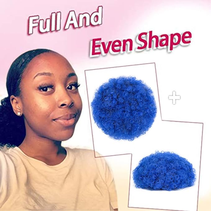 Rosmile Afro Puff Drawstring Ponytail Extension for Black Women - Premium Blue 80 Gram Short Synthetic Clip-on Kinky Curly Bun for Natural Hair