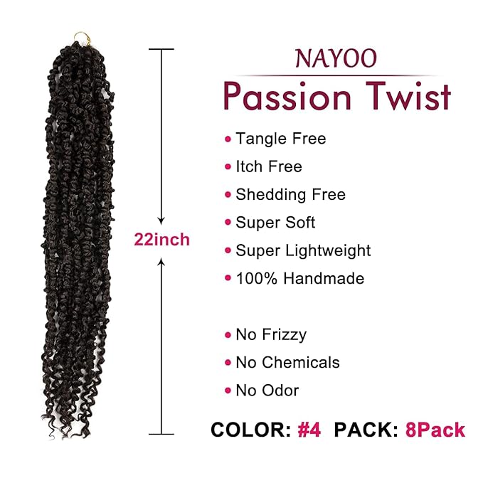 NAYOO Passion Twist Hair - 8 Packs 22 Inch Passion Twist Crochet Hair For Women, Crochet Pretwisted Curly Hair Passion Twists Synthetic Braiding Hair Extensions (22 Inch 8 Packs, 4N2)