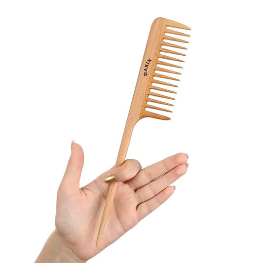Wide Tooth Wooden Comb Handmade - Natural Vintage Style Wide Tooth Comb for Curls Gentle Styling - Anti-Static Wood Hair Combs For Women Detangling (Wide Tooth Tail Comb)