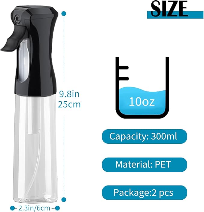Mist Spray Bottle for Hair (10oz/300ml) - 2 Pcs Continuous Spray Bottle for Salons Cleaning Plants Gardening