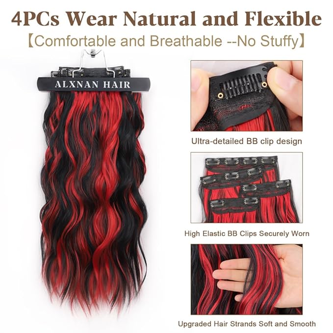 ALXNAN Clip in Long Wavy Hair Extension 24 Inch Black Red Highlights Hair Extensions 4PCS Thick Hairpieces Fiber Double Weft Hair for Women