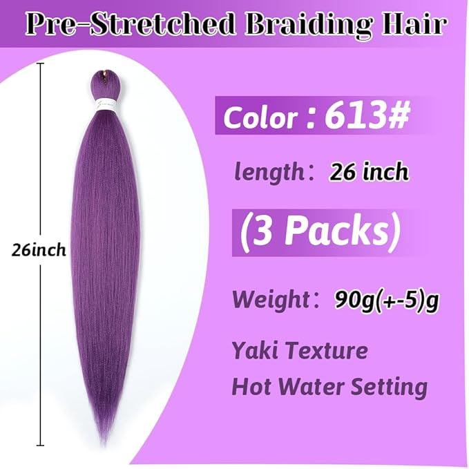 Pre stretched Braiding Hair Extensions Hot Water Setting Synthetic Hair Pre Stretched Crochet Braids Hair 26 Inch Lavender#
