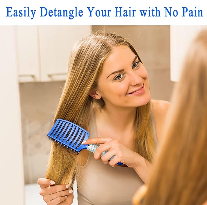 KTKUDY Detangling Brush Boar Bristles Hairbrush Make Hair Shiny & Healthier Curved and Vented Detangler Brush for Women Men Kids Wet and Dry Hair (Blue)