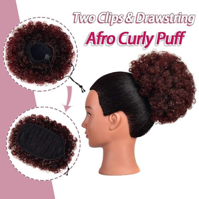 Rosmile Afro Puff Drawstring Ponytail Extension for Black Women - Premium Ombre Red #1T99J 80 Gram Short Synthetic Clip On Kinky Curly Bun for Natural Hair