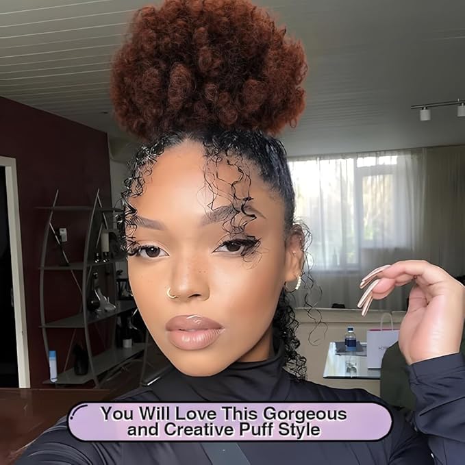 YEAME Afro Puff Drawstring Ponytail for Black Women, Short Kinky Curly Afro Ponytail Synthetic Hair Puffs, Premium Auburn Brown Afro Bun Drawstring Ponytail for Women Girls (33 Auburn Brown)