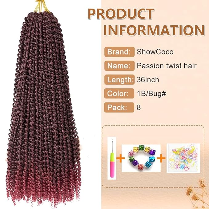 ShowCoco Passion Twist Hair 36 Inch 8Packs Water Wave Passion Twist Crochet Hair Extensions Long Bohemian Braiding Hair (36inch,#TBUG)