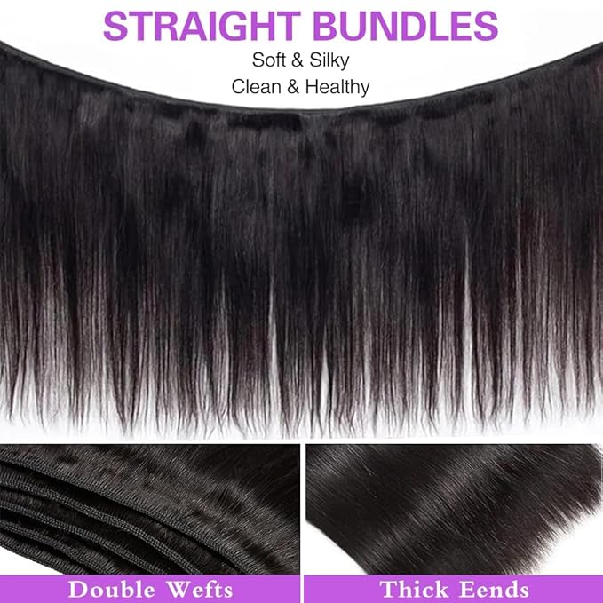 24 26 28 30 InchStraight Bundles Human Hair, 100% Unprocessed Brazilian Virgin Hair, Straight Bundles, Natural Black, Wet And Wavy Bundles - 4 Pack, Style Keep Texture Silky Soft, Hair Extension