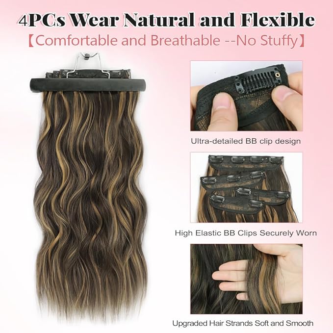 ALXNAN Clip in Long Wavy Synthetic Hair Extension 24 Inch Black&Dark mix light brown 4PCS Thick Hairpieces Fiber Double Weft Hair for Women