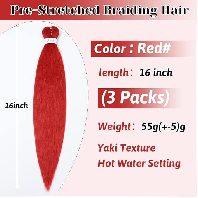 Umylar Red Braiding Hair Extensions 16 Inch Pre stretched Braiding Hair Hot Water Setting Synthetic Braiding Hair Pre Stretched Crochet Braids Hair(16 Inch,3 Packs,Red#）