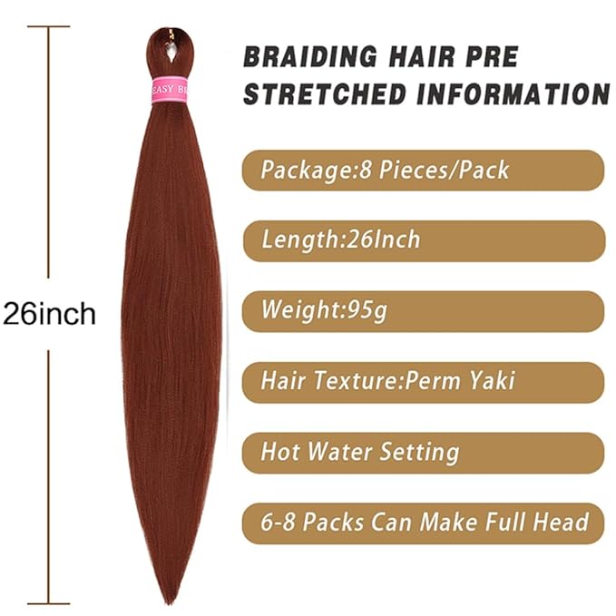 AQINBEL Braiding Hair 26 Inches 8 Bundles/Pack Pre Stretched Braiding Hair Ginger Braiding Hair Pre Stretched Itch Free Yaki Texture Hot Water Setting Hair for Braiding Extensions (350#-Dark Ginger)