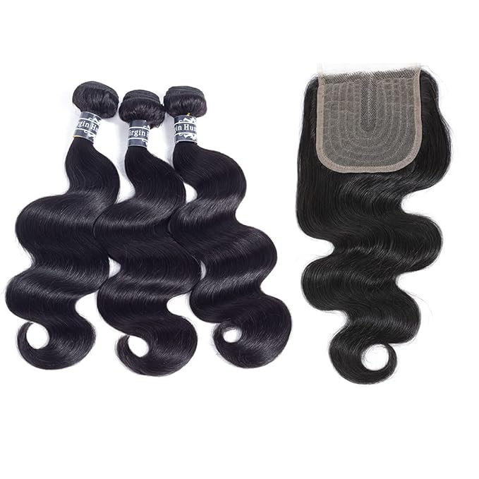 Amella Hair Brazilian Virgin Remy Body Wave Bundles with T Part Closure 4x0.75 Middle Part(20 22 24+16) 8A Body Wave Human Hair 3 Bundles with Closure T-Part Lace Closure Human Hair for Black Women