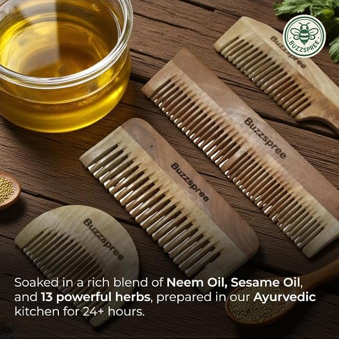 Natural Neem Wood Comb Set of 2 [Wave Lily & Wave Handle] – Wide & Fine Tooth Handmade Wooden Hair Combs for Men & Women | Eco-Friendly, Plastic-Free, Scalp Comb for Gentle Hair Care