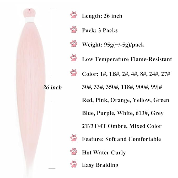 Rose Gold Pink Braiding Hair Pre Stretched 26 Inch Light Pink Colored Hair Extensions for Braiding Crochet Hair Box Braids Micro Jumbo Pre Stretched Braiding Hair 3 Pack