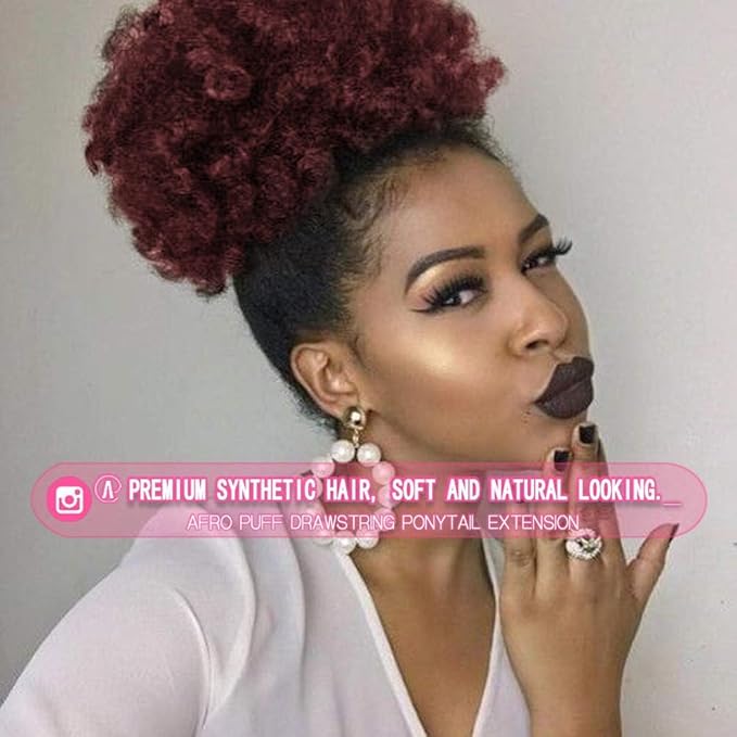 Rosmile Afro Puff Drawstring Ponytail Extension for Black Women - Premium Ombre Red #1T99J 80 Gram Short Synthetic Clip On Kinky Curly Bun for Natural Hair
