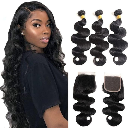 Body Wave 3 Bundles with Closure 100% Unprocessed Brazilian Body Wave Human Hair Weave with 4x4 Free Part Lace Closure Natural Color (22 24 26+20, Bundles with Closure)