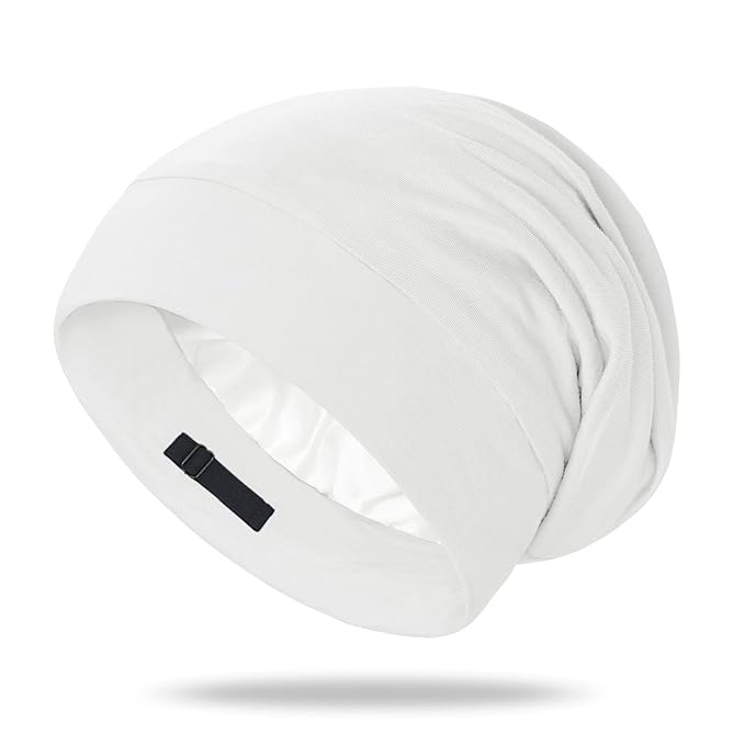 OLESILK Silk Bonnet for Sleeping Women: 100% Mulberry Silk for Frizz Free Curly, Adjustable Strap for Non Slip, Ivory
