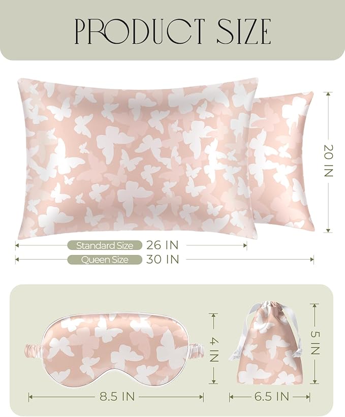 Mulberry Silk Pillow Case for Hair and Skin 19 Momme Standard 26"x20" Butterfly Silk Pillowcase with Eye Mask & Scrunchie Soft Silk Pillowcase Sleeping for Moms, Women