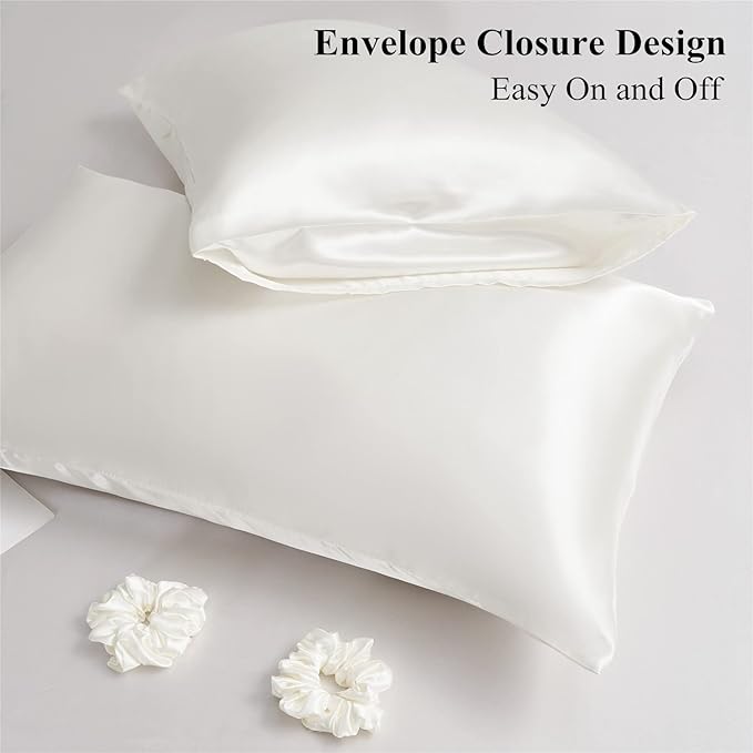 Satin Pillowcase for Hair and Skin, Ivory Silk Pillowcase Queen Size Set of 2 Pack Cooling Satin Pillow Cases with Envelope Closure, Vegan Silk Satin Pillowcase Set with 2 Scrunchies