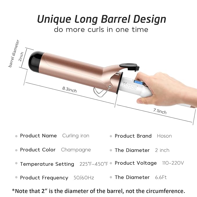 Hoson 2 Inch Curling Iron Large Barrel, Long Barrel Curling Wand Dual Voltage, Ceramic Tourmaline Coating with LCD Display, Glove Include