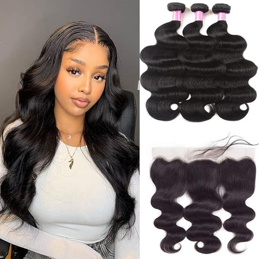 YISEA Body Wave Bundles with Lace Frontal (18 20 22+16 Frontal) Human Hair 3 Bundles with 13x4 Lace Closure Frontal 100% Unprocessed Braziian Virgin Human Hair